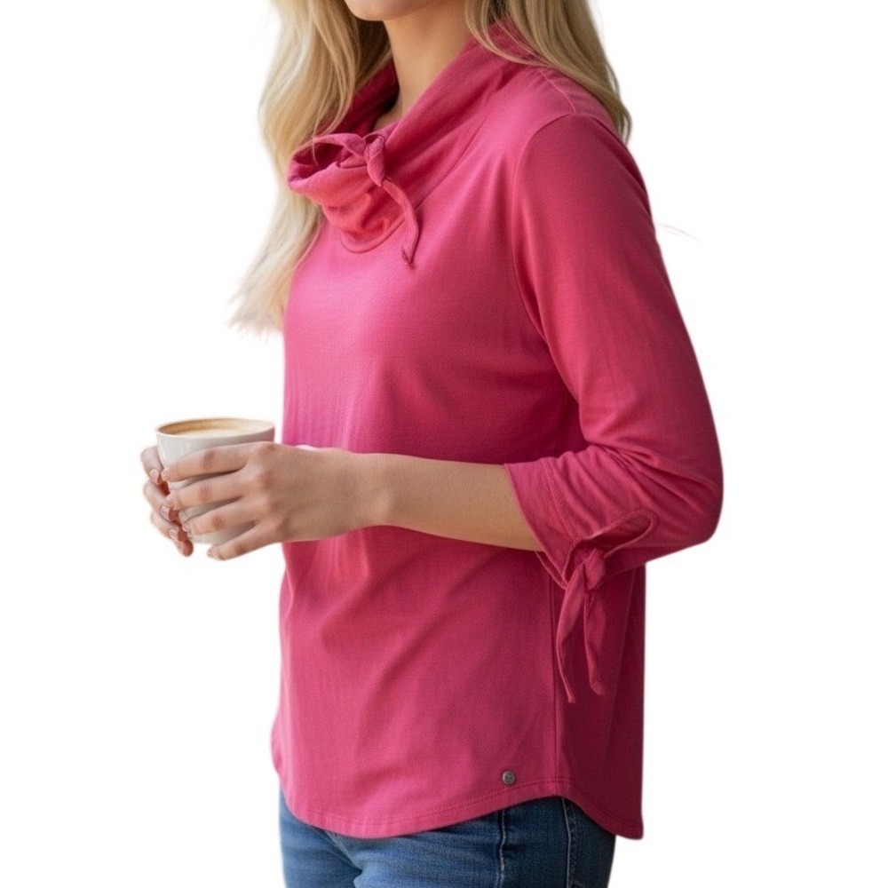 Neon Buddha Pink Cowl Neck 3/4 Sleeve Tie Cuff Slub Cotton Top 7638 Large NEW